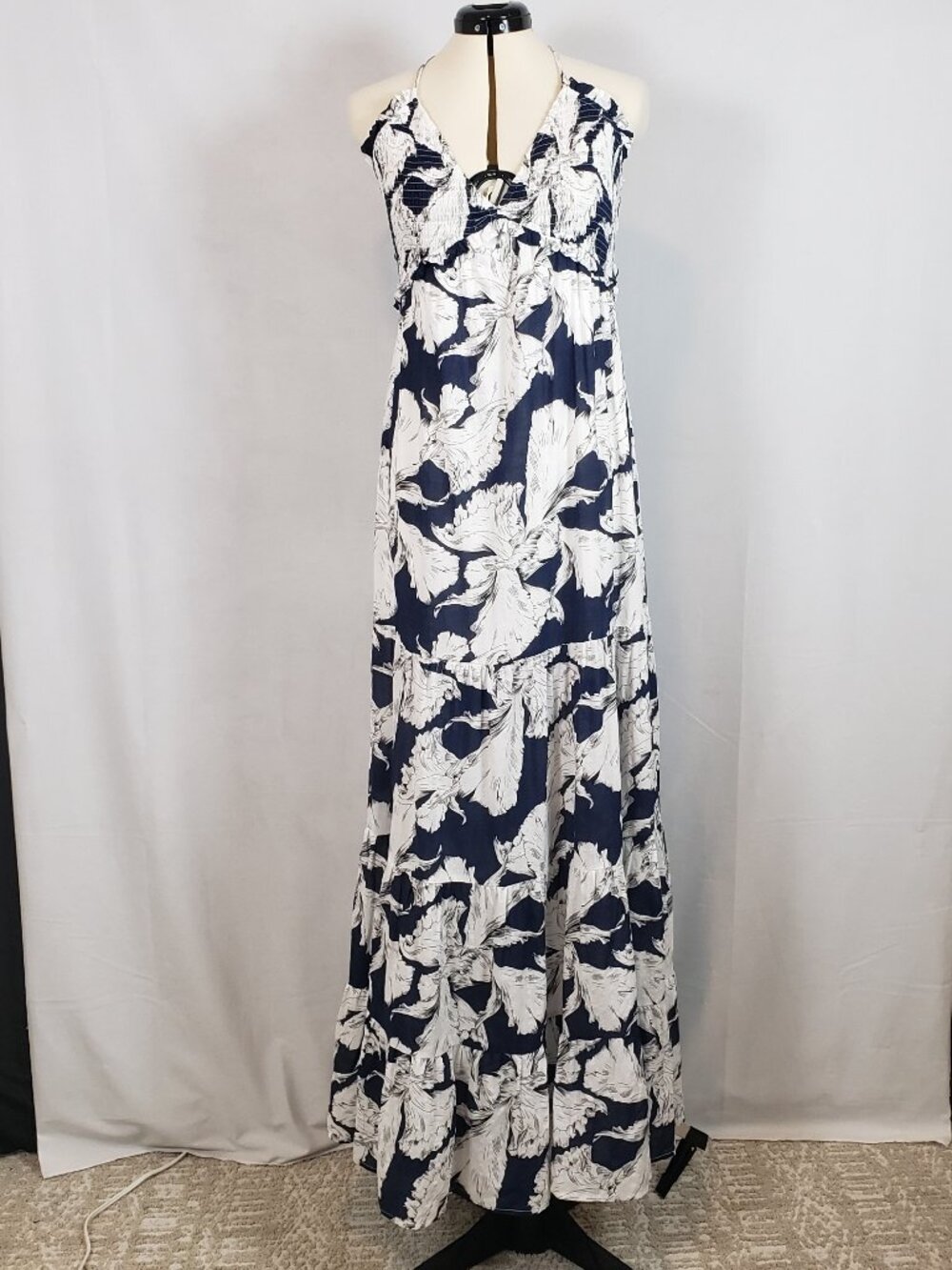 Baltic Born Visalia Floral Blue/White Bohemian Halter Versatile Maxi Dress Large